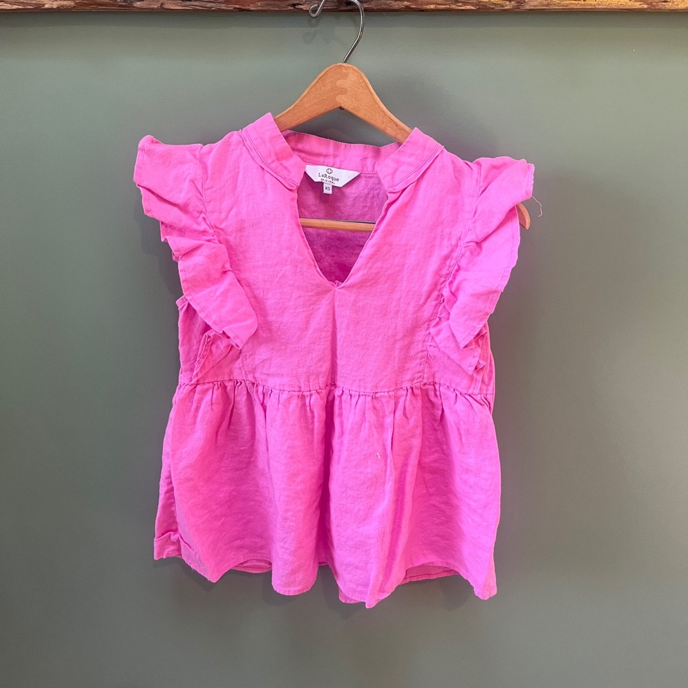 La Roque Hot Pink Linen Ruffle Sleeve Peplum Top Blouse XS Extra Small